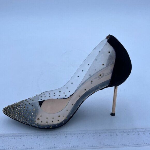 FSJ Black Studded Pointed Toe Transparent Pumps High Heels Shoes - Picture 2 of 8
